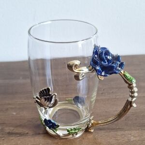 ​Enamel Blue Rose & Butterfly Glass Tea Mug | Vintage Style Floral Coffee Cup